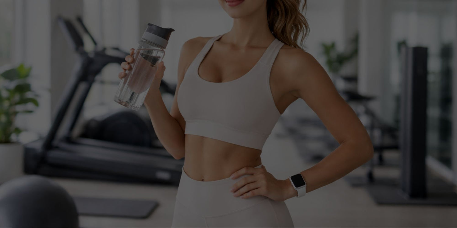 Woman in athletic wear holding a water bottle in a gym setting