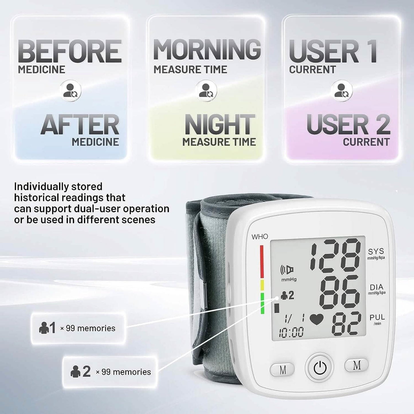 Digital Wrist Blood Pressure Monitor 2 Users Memory Voice Display